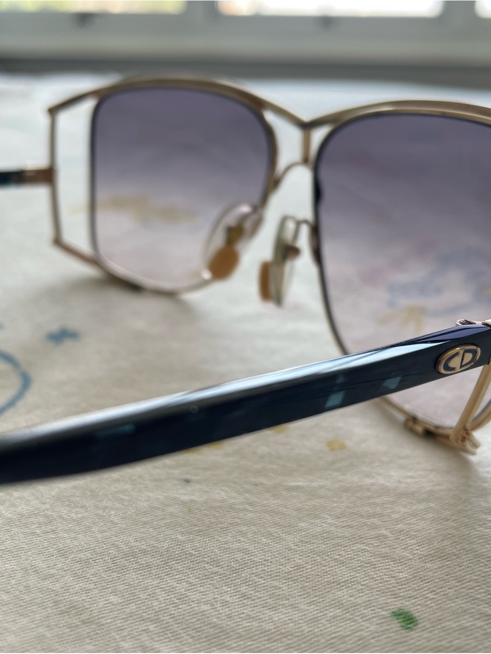 Vintage Dior Women's Sunglasses - Blue Frame with Gradient Lenses and Gold trim